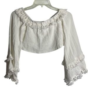 Off White Off Shoulder Boho Crop Halle Lu Top Bell Sleeve Tassel Fringe Small